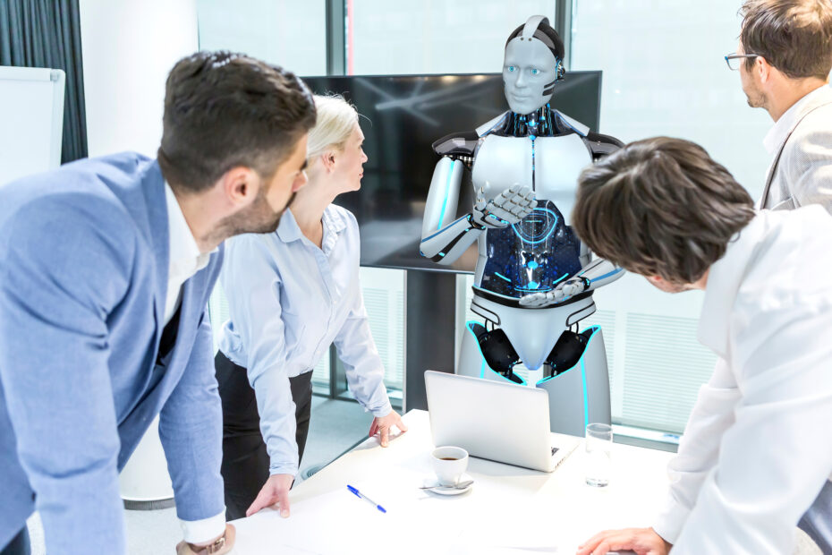 Business meeting with a humanoid robot