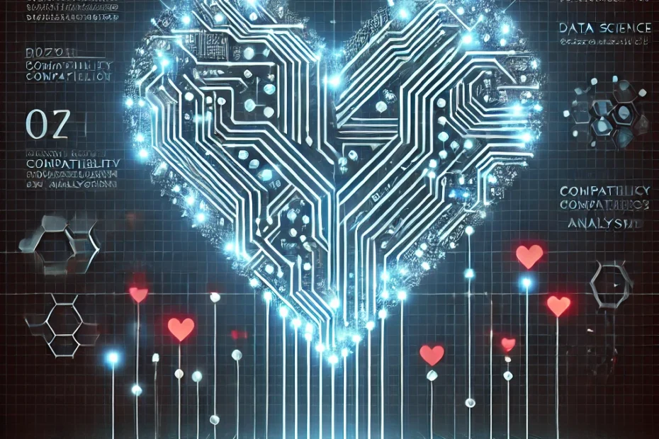 DALL·E 2024-10-27 22.05.55 – An image representing digital matchmaking for an article publication. A futuristic digital heart composed of data points, circuits, and binary code, g