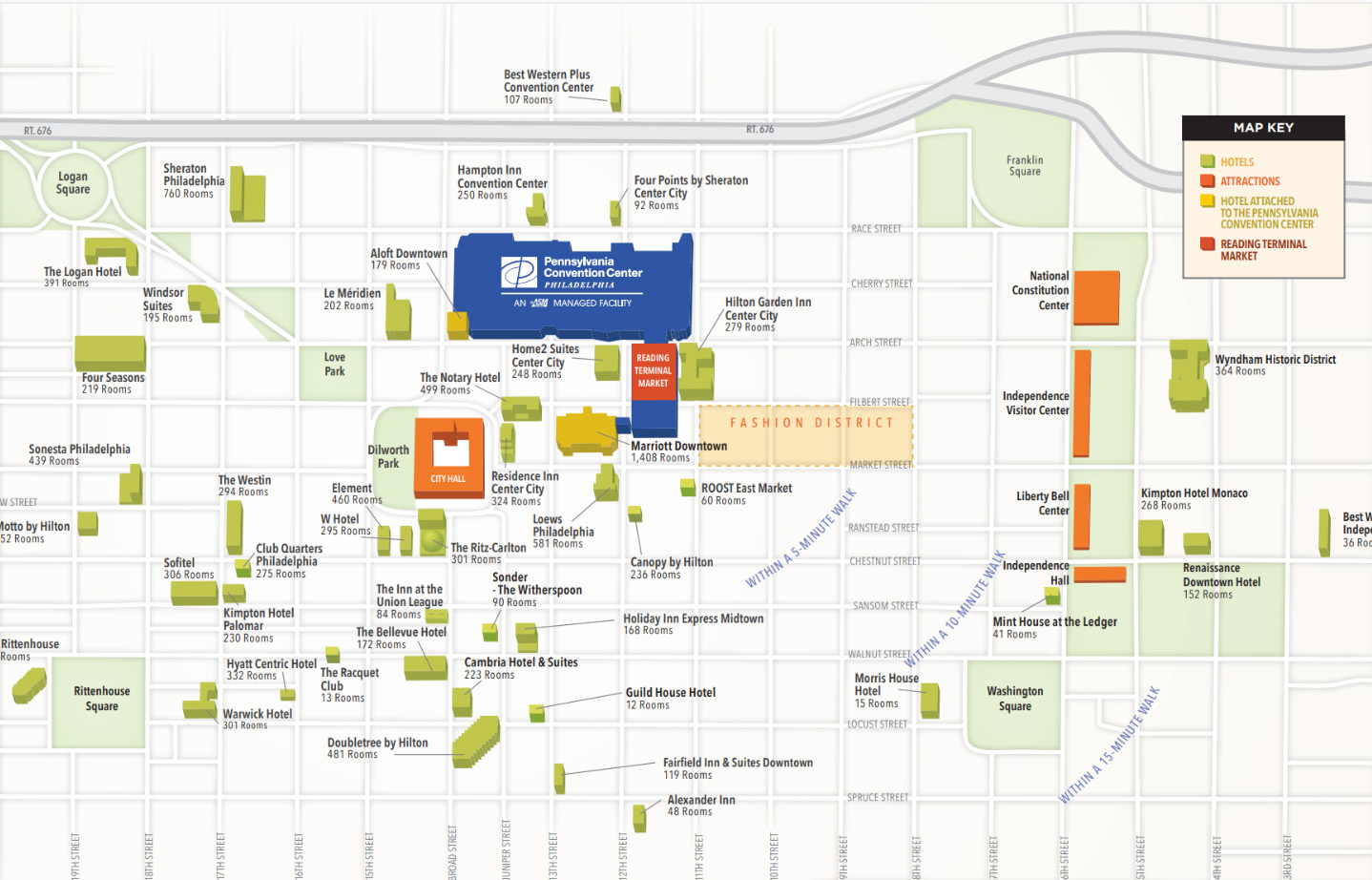 A map of hotels in Center City Philadelphia