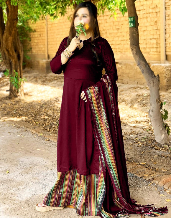 Traditional 3-Pieces Maroon Sussi Dress 2024 (DZ17551)