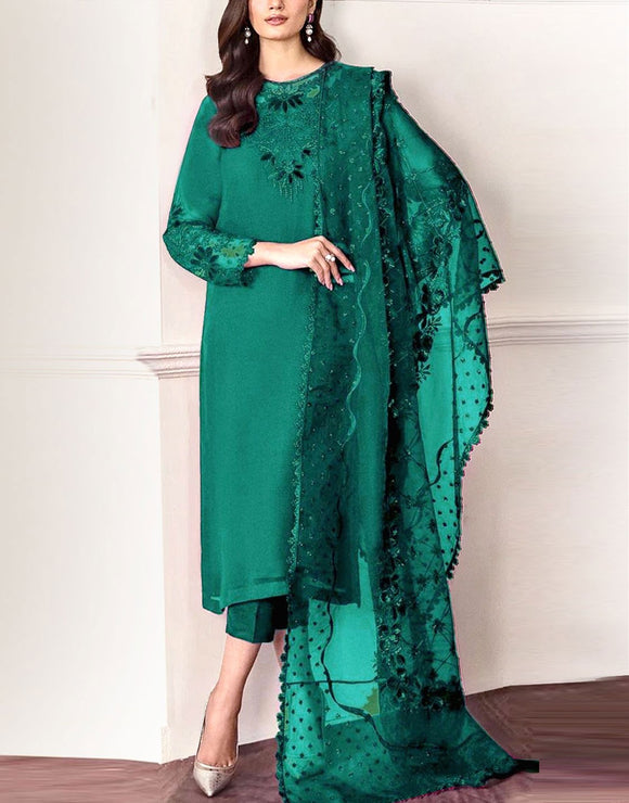 Fancy Embroidered Chiffon Party Wear Dress with Silk Trouser (DZ17652)