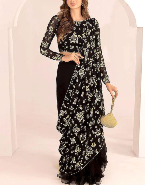 Luxury Heavy Embroidered Black Chiffon Wedding Saree 2024 (DZ17615)