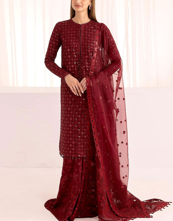 Luxury Heavy Embroidered Maroon Chiffon Wedding Dress 2024 (DZ17609)