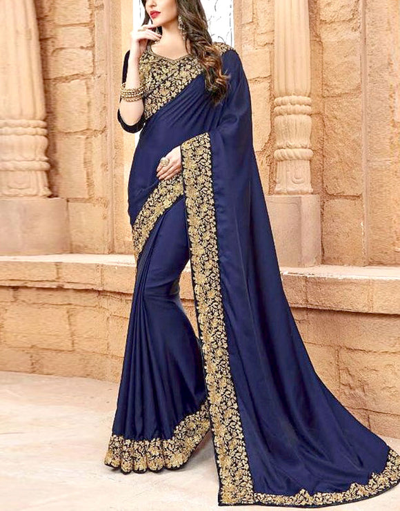 Indian Embroidered Navy Blue Chiffon Saree (DZ11549)