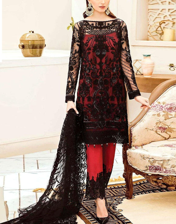 Formal Heavy Embroidered Black Net Party Wear Dress with Inner (DZ12702)