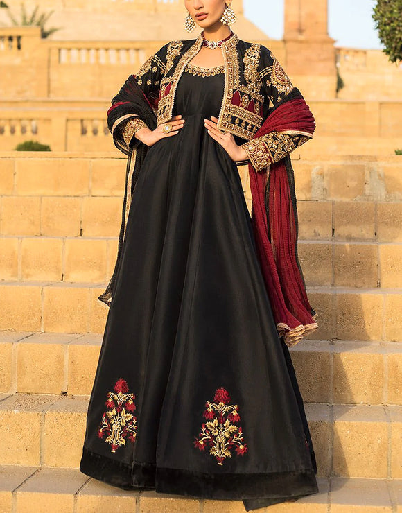 Handwork Embroidered Black Silk Maxi Dress (DZ14712)