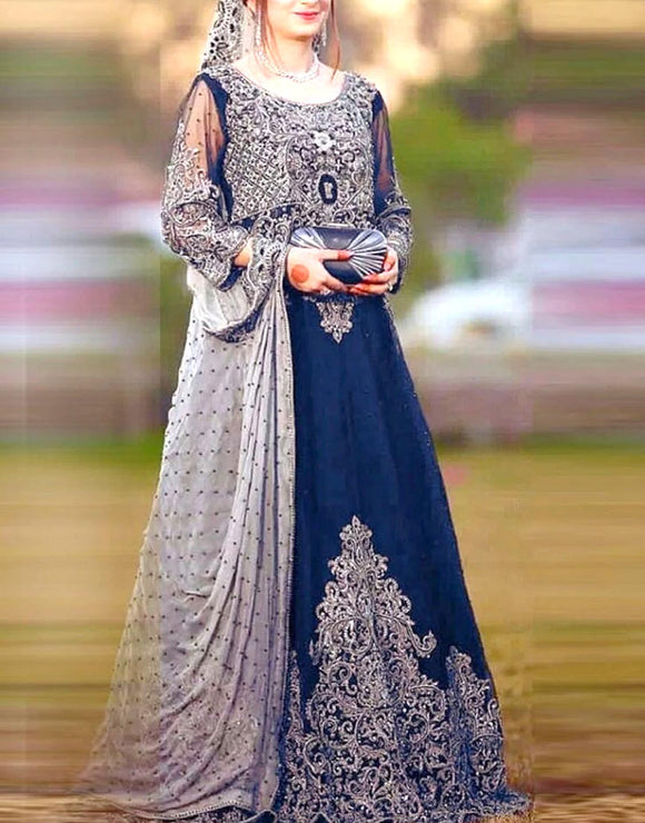 Handwork Heavy Embroidered Navy Blue Chiffon Maxi Dress (DZ14839)