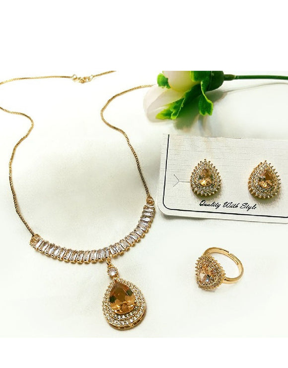 Champagne Stones Party Wear Necklace Set with Earrings & Rings (DZ16573)