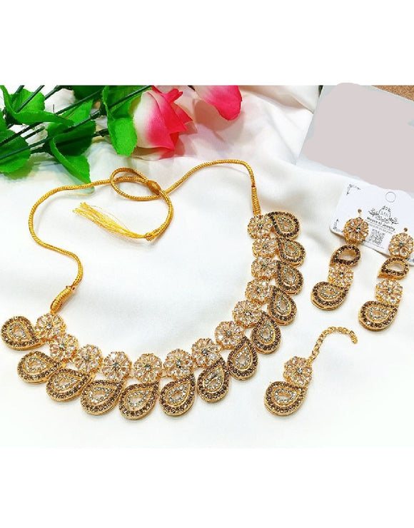 Indian Style Zircon Studded Party Wear Jewellery Set with Earrings & Tikka (DZ16782)