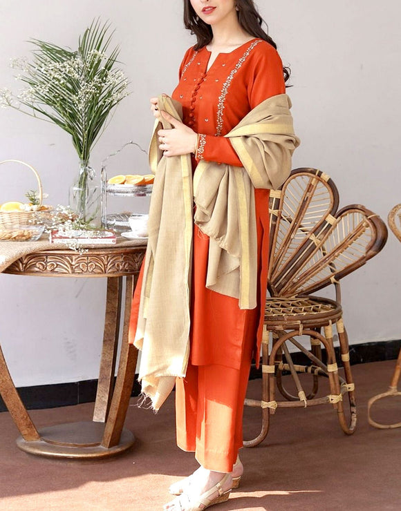 Decent Embroidered Dhanak Dress with Dhanak Shawl Dupatta (DZ17631)