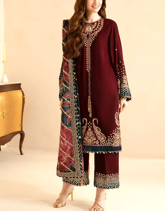 Formal Embroidered Maroon Velvet Dress 2024 with Emb. Organza Dupatta (DZ17648)