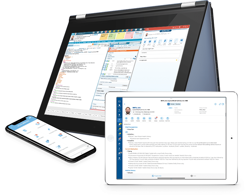 screenshot of eClinicalWorks EHR Progress Note and EVA on laptop, eClinicalTouch on tablet, and eClinicalMobile on smartphone