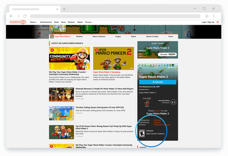 Where to find ESRB Ratings. Rating image on top of GameSpot page