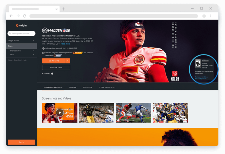 Where to find ESRB ratings. Madden 20 game ads on origin webpage