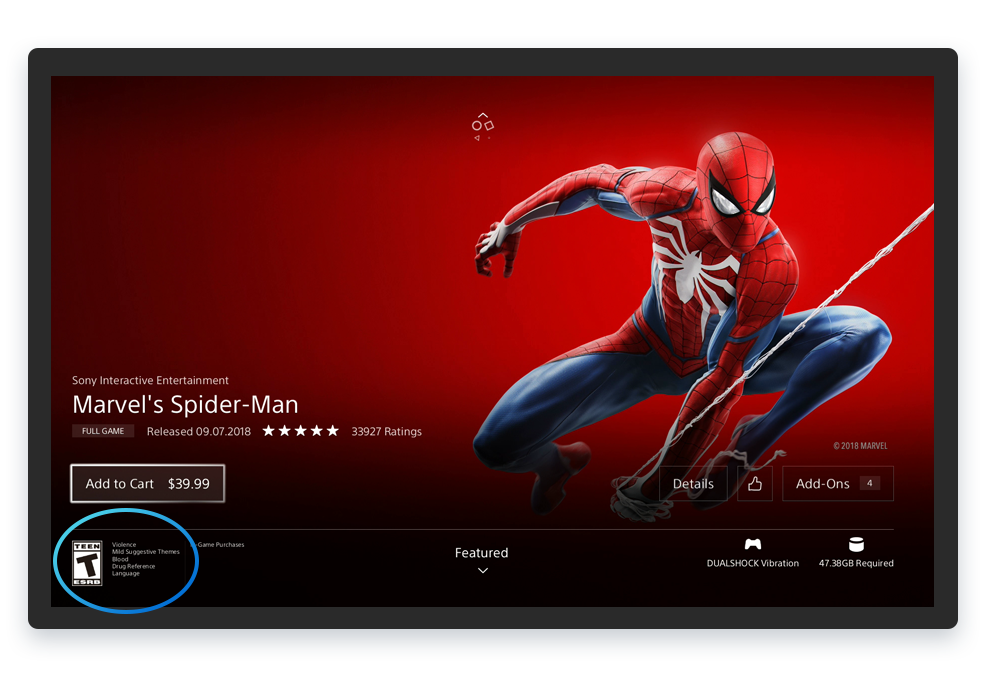 Where to find ESRB Ratings. Spider man game.