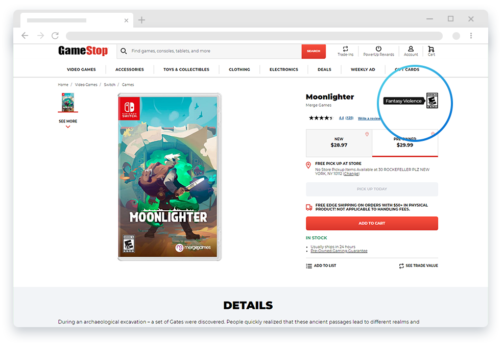 Where to find ESRB Ratings on video games. GameStop Online Store.
