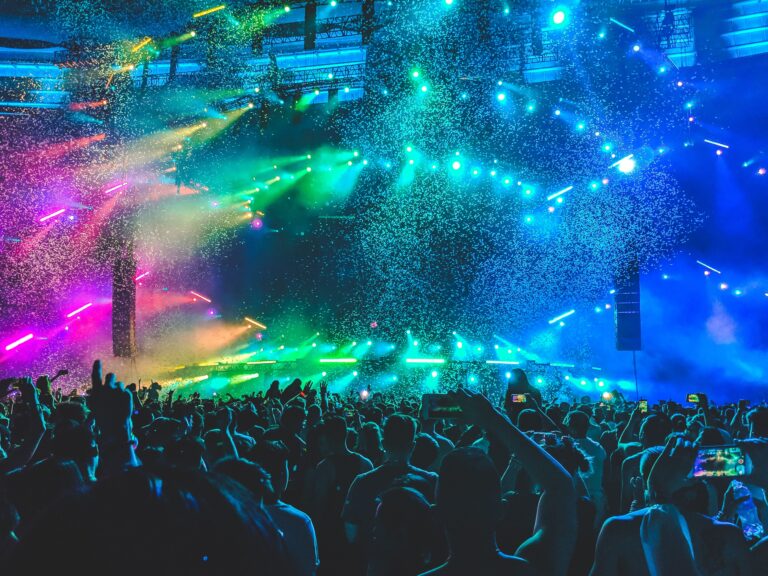 point of view of a person at a concert with many concert goers and colourful lights.