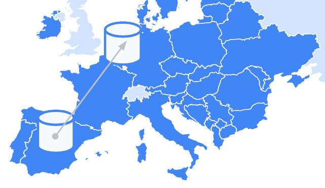 Cross-location volume replication shown on map of Europe