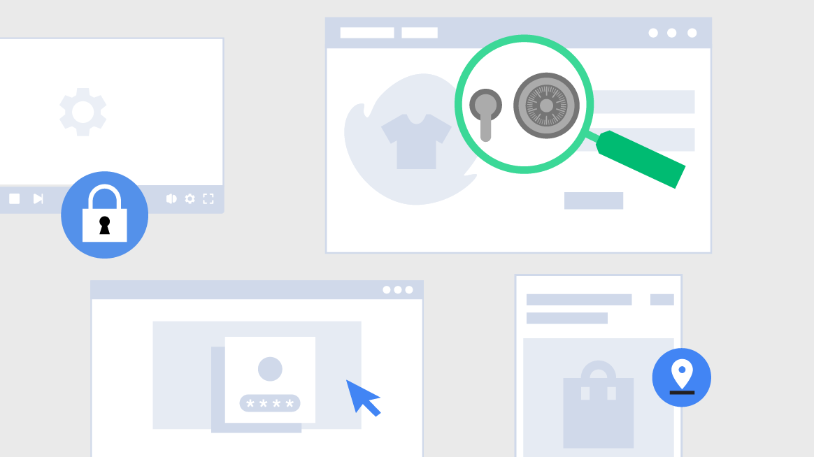 A grid containing a video player, two browser windows, and a shopping ad, with illustrations of a lock, magnifying glass, safe, cursor and location marker.