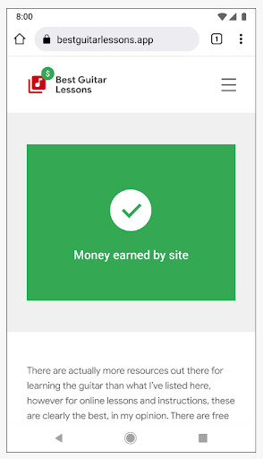 Image of Best Guitar Lessons page with a green square with a white and green checkmark and ‘money earned by site’