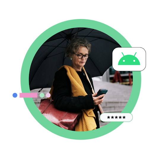 スマートフォンを持っている女性の写真と、Android ロゴおよび難読化されたパスワードのアイコンのイラスト