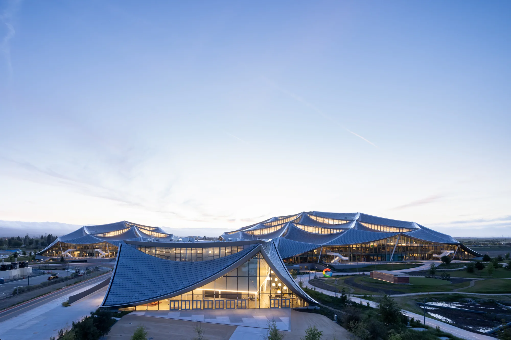 View of Google's Bay View campus at dusk