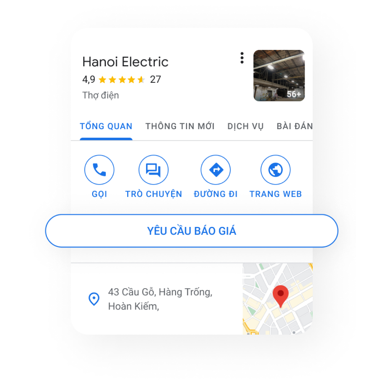 Hình ảnh về một Trang doanh nghiệp trên thiết bị di động hiển thị nổi bật nút yêu cầu báo giá