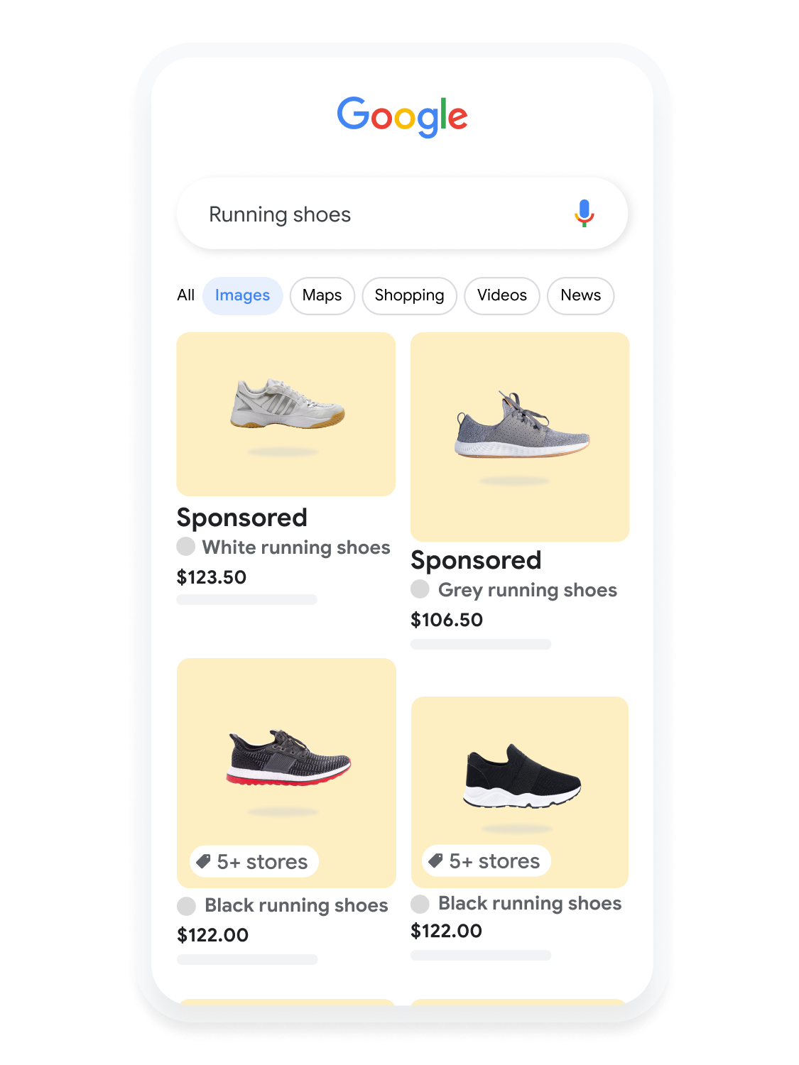 Mobile user interface animated to show a user searching for running shoes on Google Images.