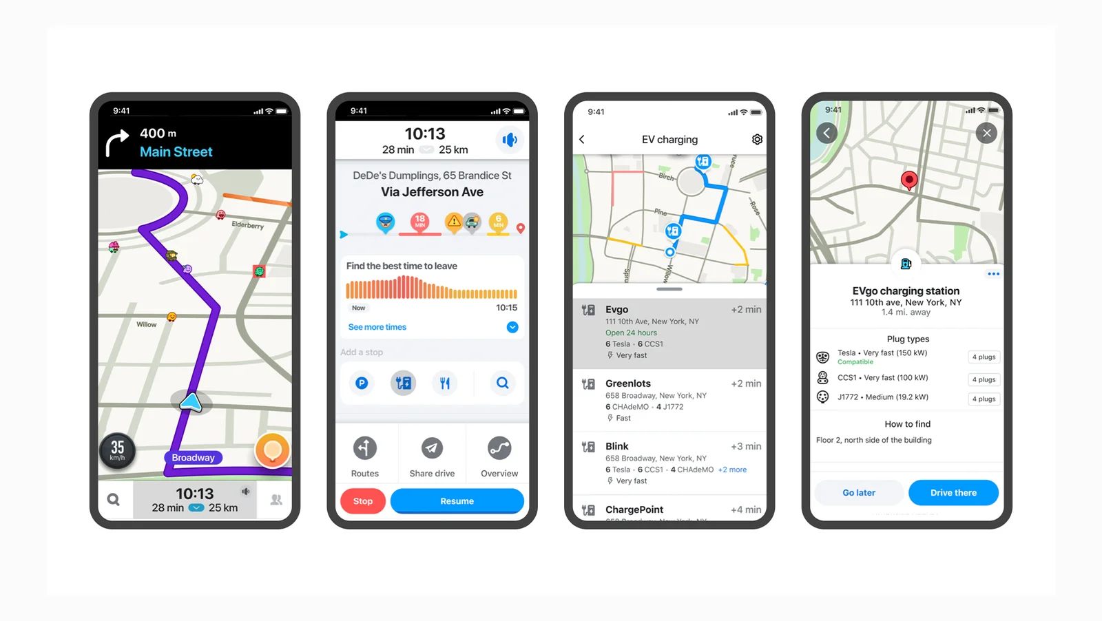 An illustration of EV charging stations on the Waze Map and what drivers will see in the app when navigating.