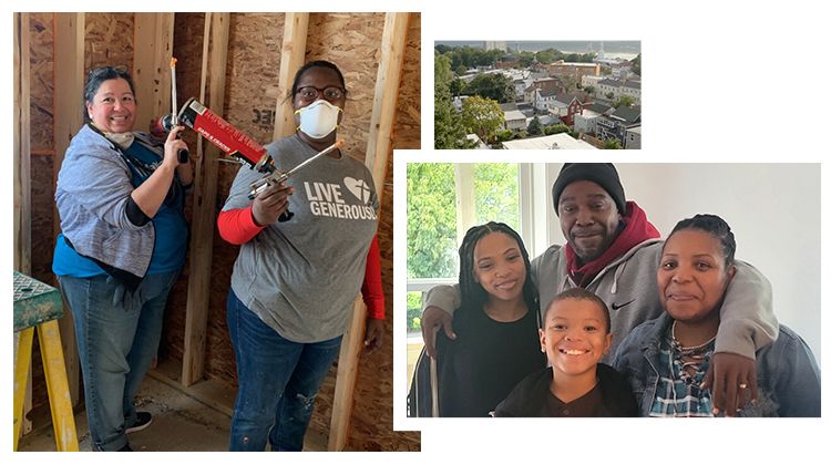 Left: A homeowner works on her new home with a volunteer. Right: A family poses happily inside their new home. Top: Bird's eye view of Dutchess County, a small hilly city on the banks of a river.