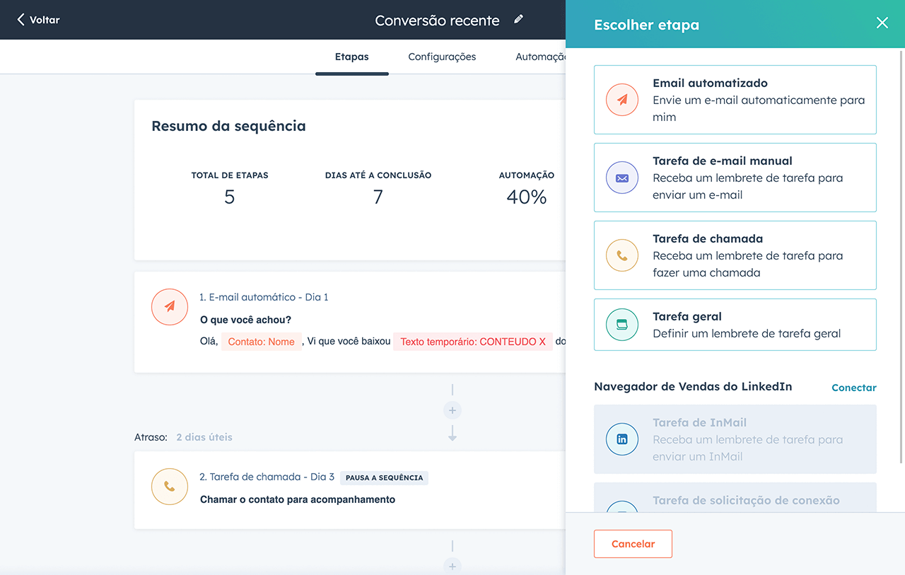 fluxo de trabalho automatizado na ferramenta de automação de vendas da HubSpot