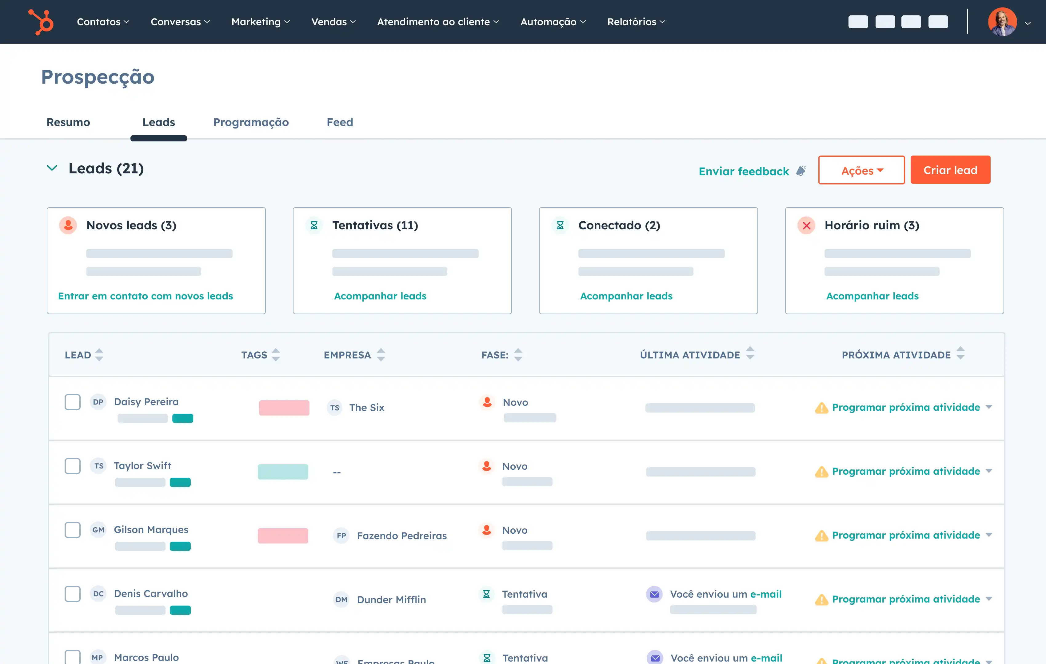 A área de trabalho de prospecção da HubSpot mostrando o gerenciamento automatizado de pipeline