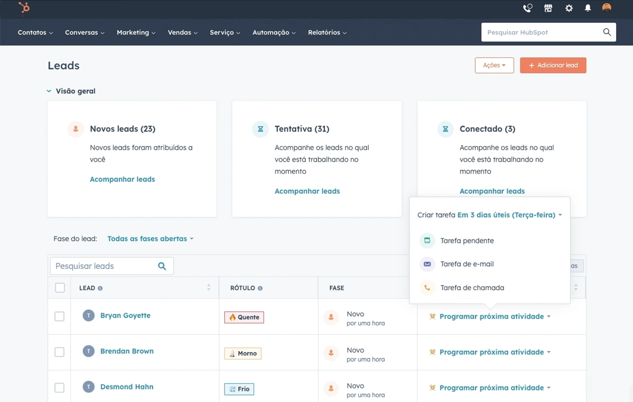 A área de trabalho de prospecção da HubSpot mostrando atividades de leads