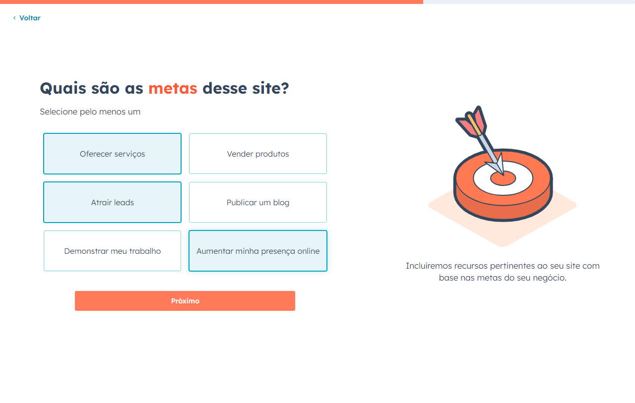 Gerador de sites com IA da HubSpot mostrando opção para selecionar metas para seu site.