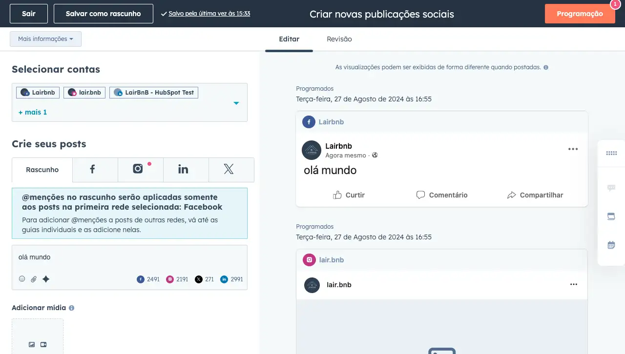 Postagens sociais agendadas pela HubSpot para vários canais sociais