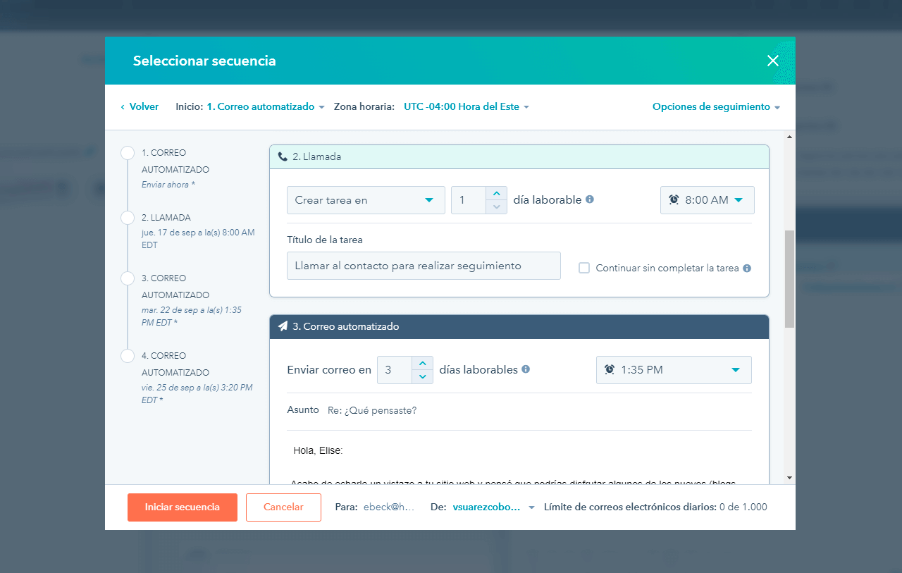 Imagen de las opciones de personalización del editor de secuencias de HubSpot