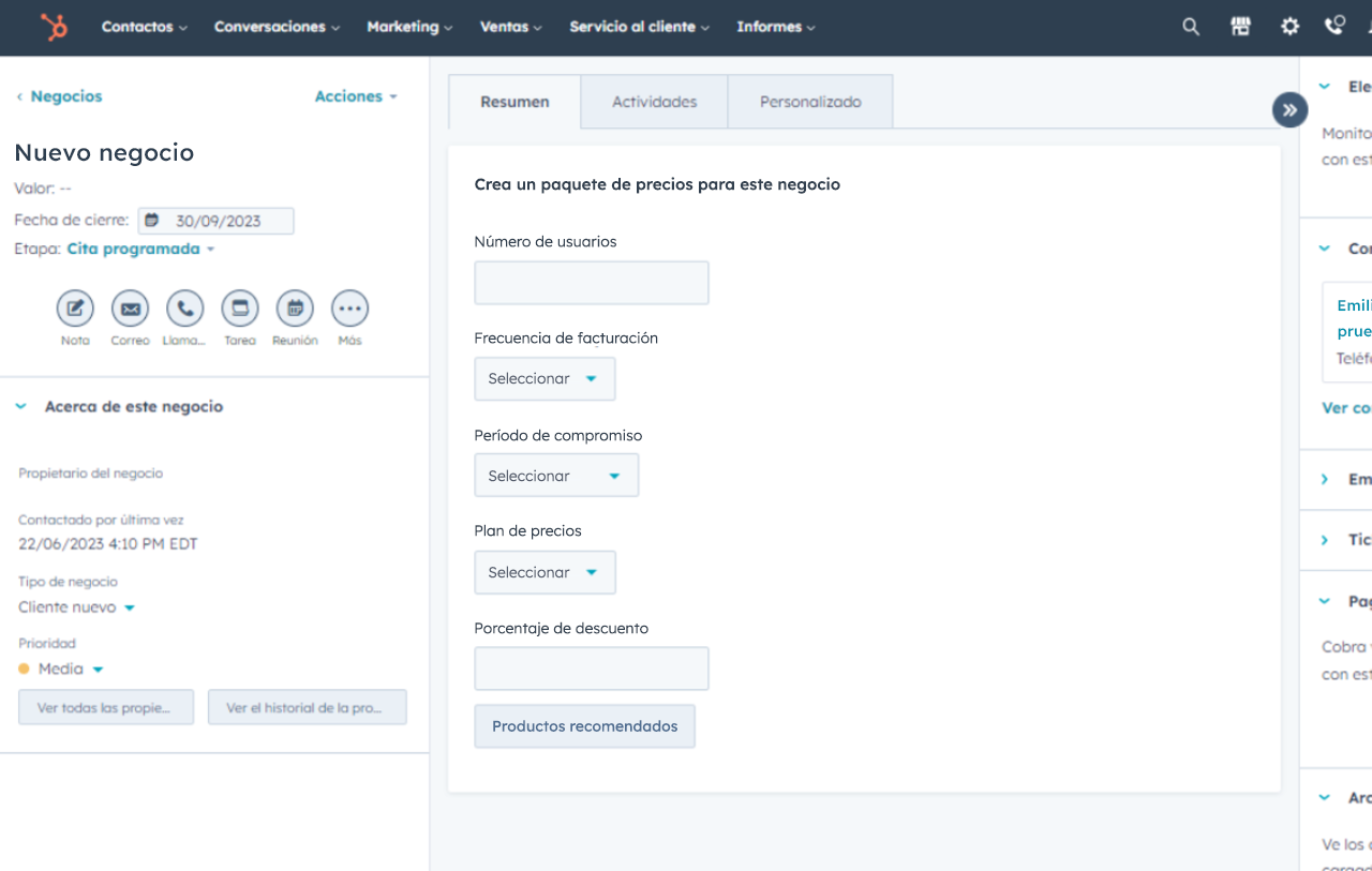 Imagen del registro de negocios para la sección de personalización del CRM