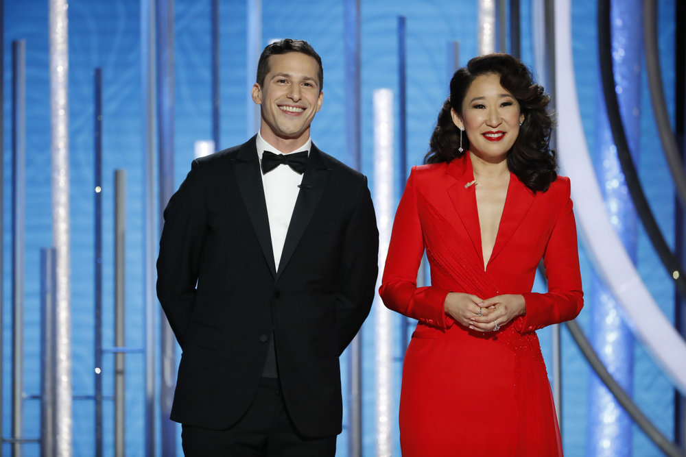 76th ANNUAL GOLDEN GLOBE AWARDS -- Pictured: Andy Samberg and Sandra Oh at the 76th Annual Golden Globe Awards held at the Beverly Hilton Hotel on January 6, 2019 -- (Photo by: Paul Drinkwater/NBC)