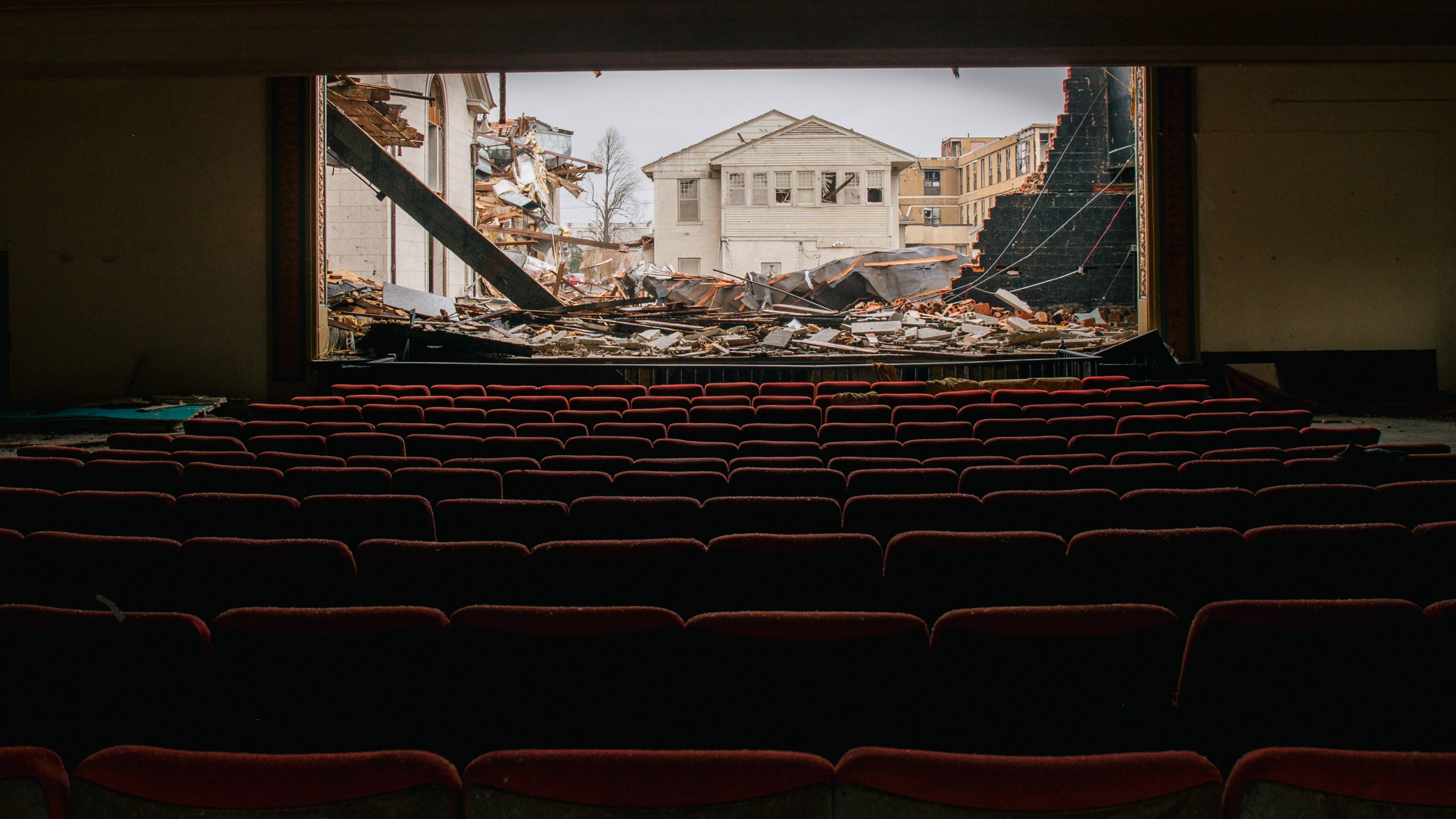 MAYFIELD, KENTUCKY - DECEMBER 16: Debris is seen from the inside of the American Legion theatre on December 16, 2021 in Mayfield, Kentucky. Multiple tornadoes struck several Midwest states late evening on December 10, causing widespread destruction and multiple casualties.  (Photo by Brandon Bell/Getty Images)