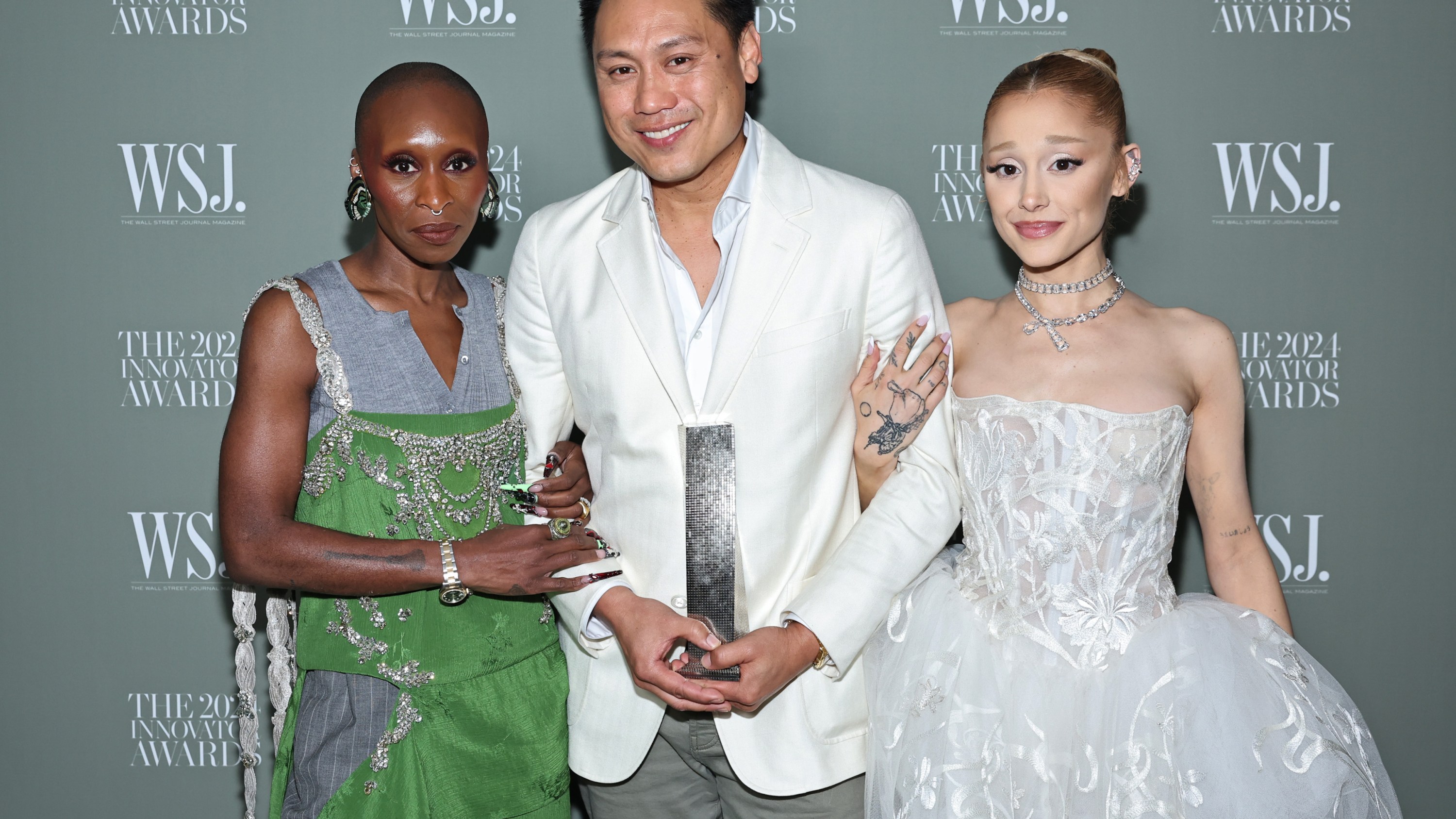 NEW YORK, NEW YORK - OCTOBER 29: (L-R) Cynthia Erivo, Jon M. Chu, and Ariana Grande attend the WSJ. Magazine 2024 Innovator Awards on October 29, 2024 in New York City.  (Photo by Jamie McCarthy/Getty Images for WSJ. Magazine Innovators Awards)