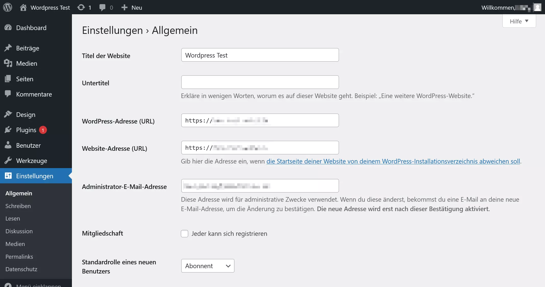 Der Bereich „Einstellungen“ im WordPress-Dashboard