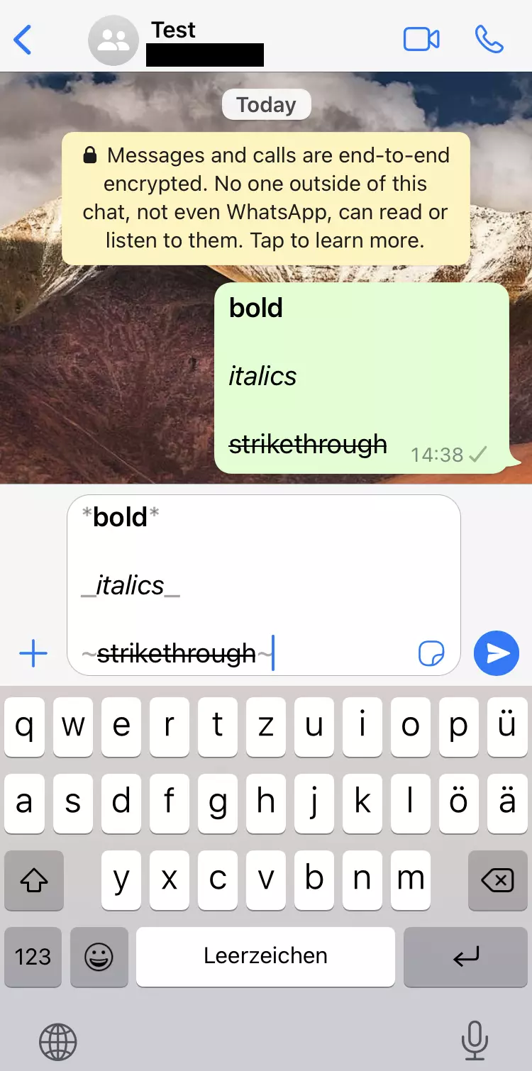 Screenshot da un iPhone delle opzioni di formattazione di WhatsApp