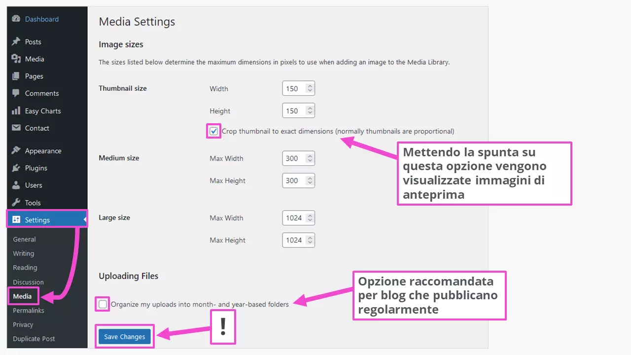 Impostazioni delle dimensioni delle immagini sulla dashboard di WordPress