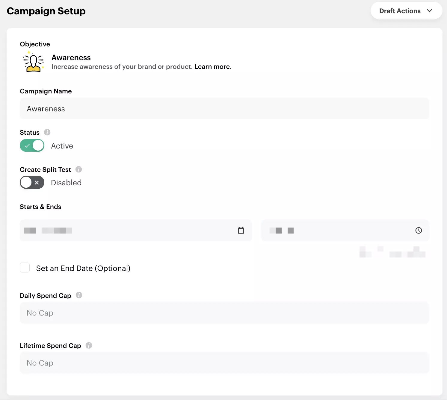 Screenshot della pagina “Campaign Setup” nell’Ads Manager