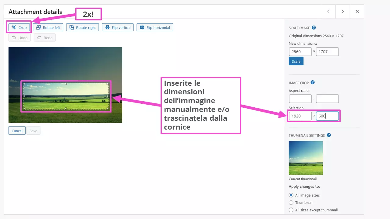 Impostazione delle nuove dimensioni dell’immagine nella Libreria multimediale di WordPress