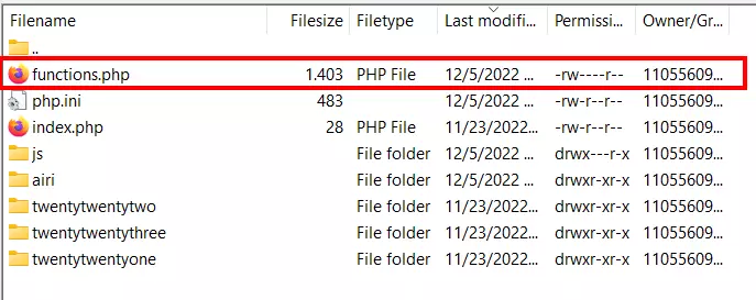 Screenshot del file functions.php