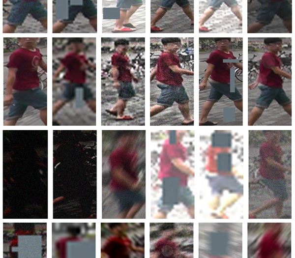 Several screenshots from a CCTV camera of a person walking. Each screenshot is different in quality, crop, and lighting.