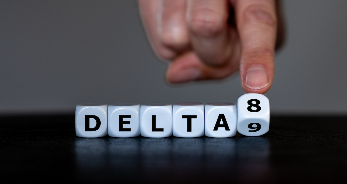 Hand turns dice and changes the expression 'delta 9' to 'delta 8'. Symbol for the Delta-8-tetrahydrocannabinol, a psychoactive cannabinoid found in the Cannabis plant.