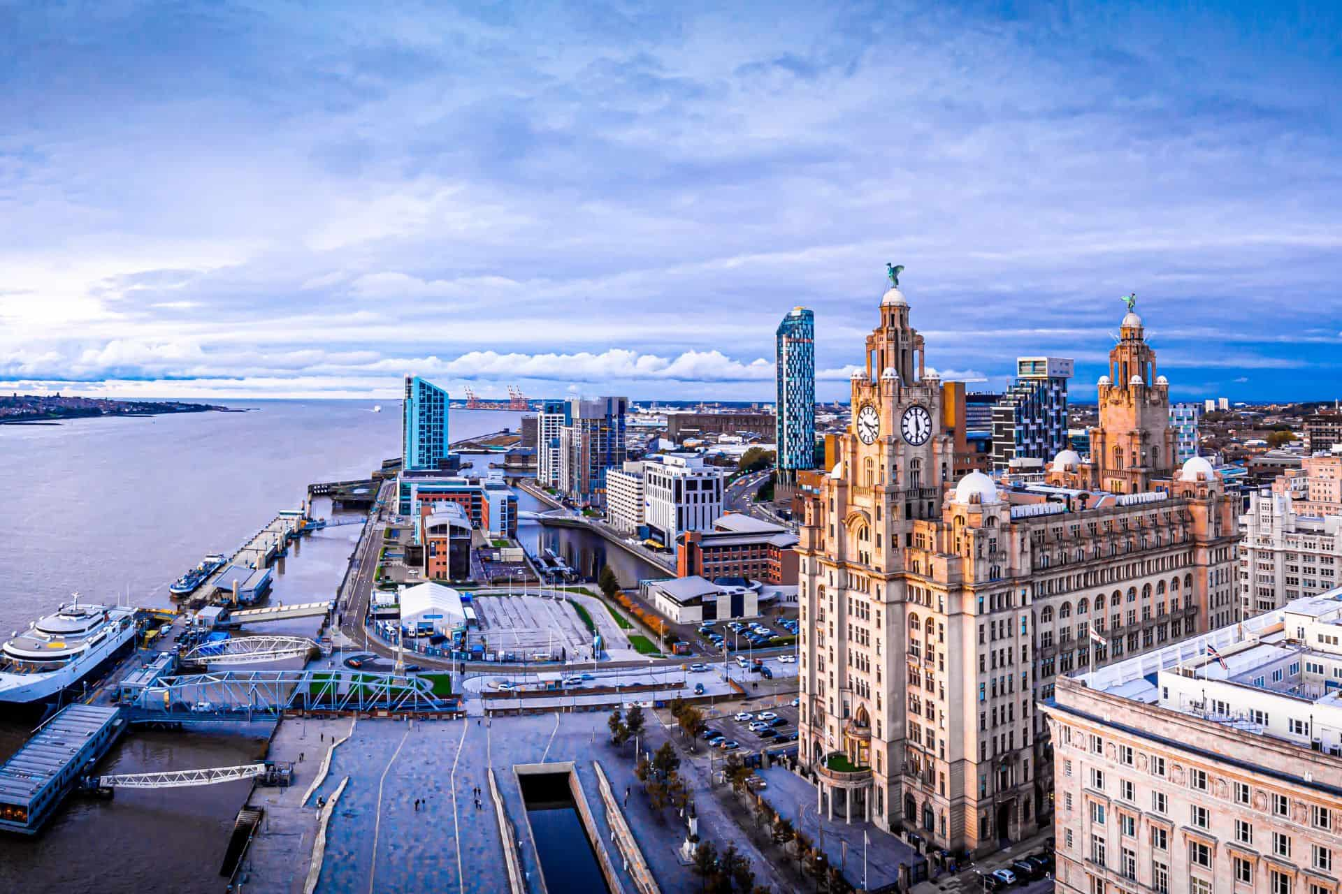 aerial view of Liverpool docks and city