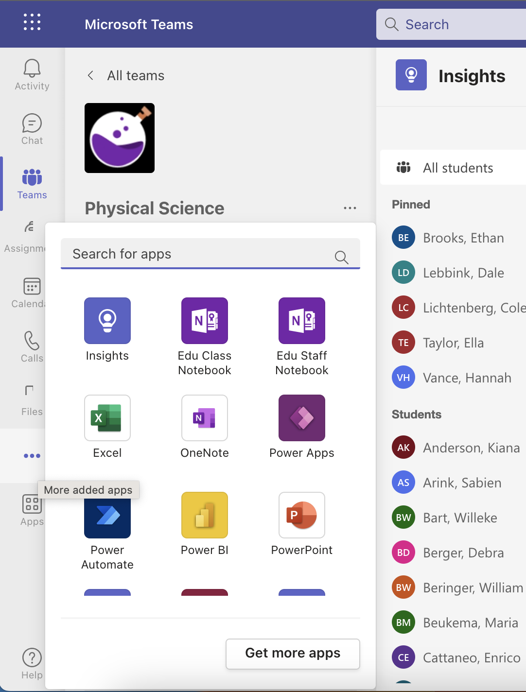 Insights being added to Teams from the triple dot menu, also known as “More added apps.”